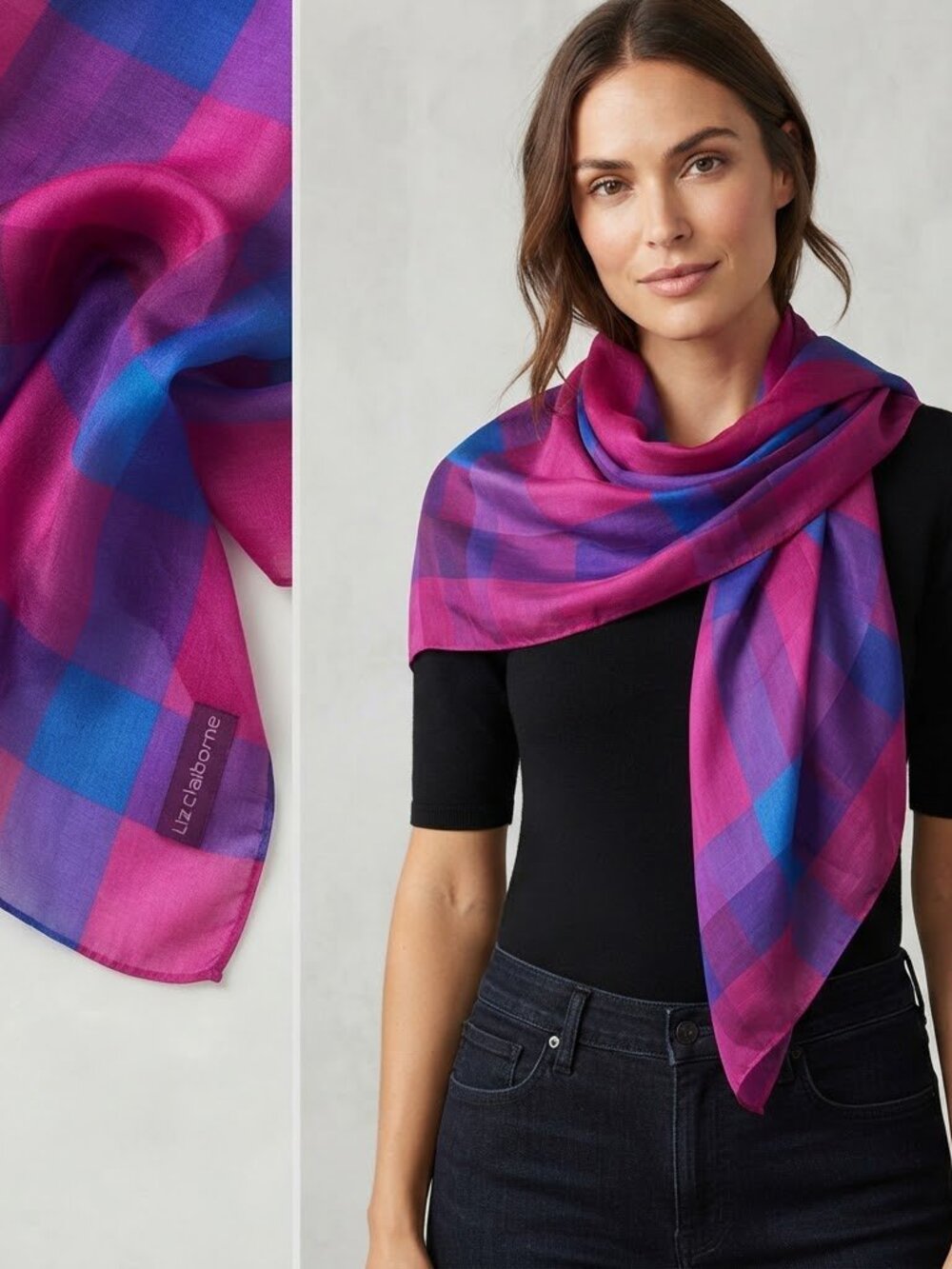 Liz Claiborne Plaid Scarf Silk Blend Magenta Purple Blue Square Pattern